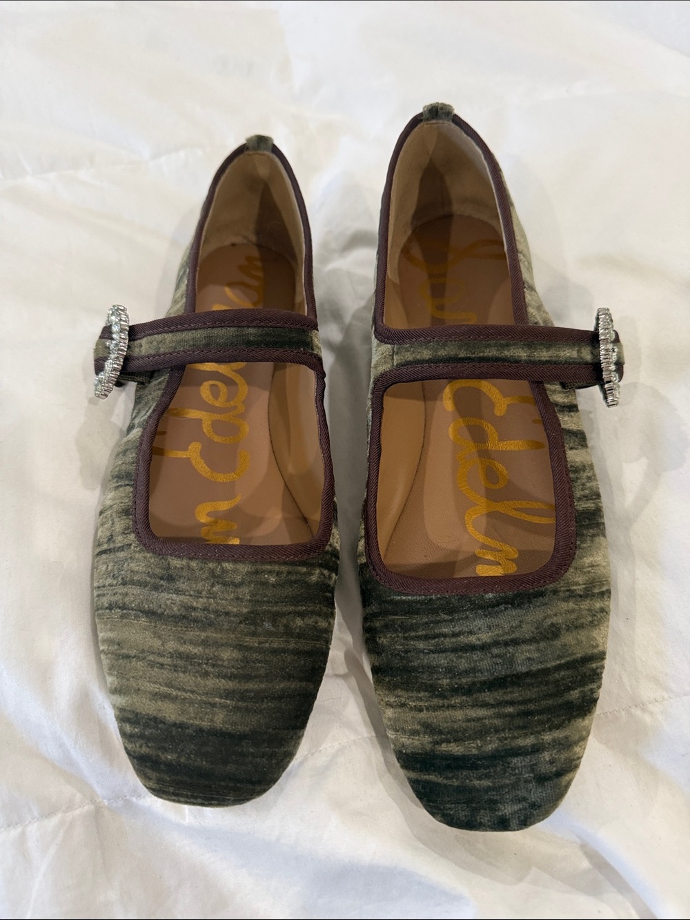 Sam Edelman Michaela Olive Green Velvet Mary Jane Flats with Rhinestone Buckle